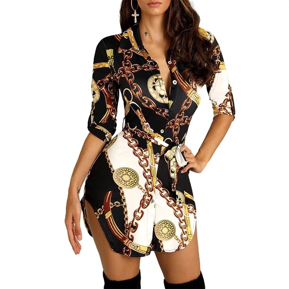 Gold chain print Shirt Dress - Picture 1 of 6